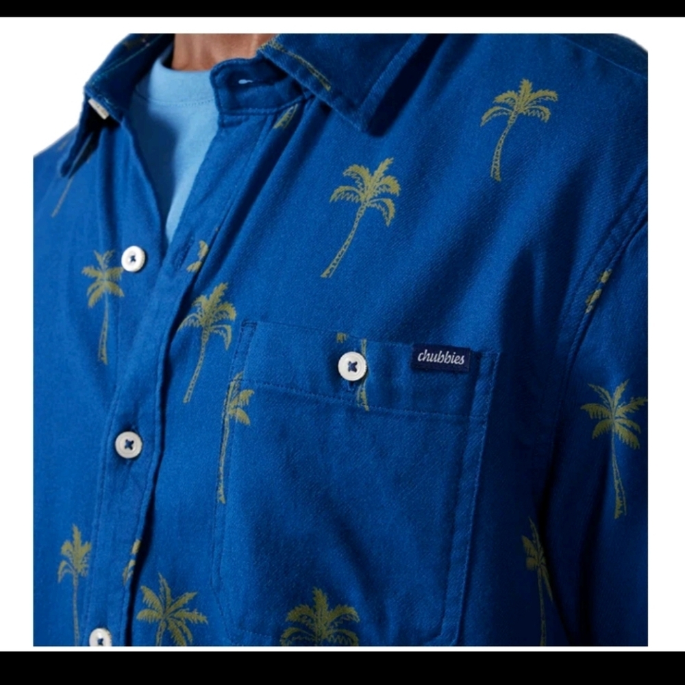 NWT Men's CHUBBIES Blue Palm Tree Print Men's Shirt, Large Retails $65